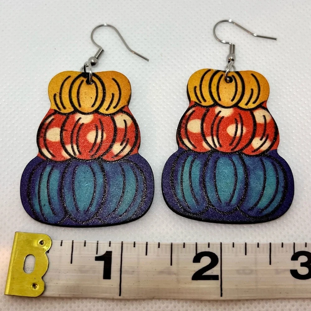 NWT Pumpkin Stack Drop & Dangle Earrings Lightweight Wood Fall Autumn Halloween - Picture 6 of 8